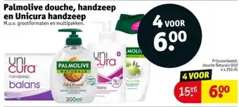 Kruidvat Palmolive douche, handzeep en Unicura handzeep aanbieding