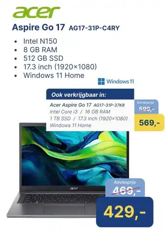 Levix Computershop acer Aspire Go 17 AG17-31P-C4RY aanbieding