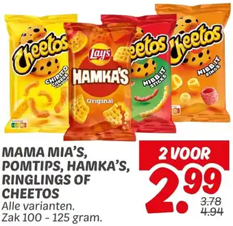Dekamarkt Mama mia's, pomtips, hamka's, ringlings of cheetos aanbieding