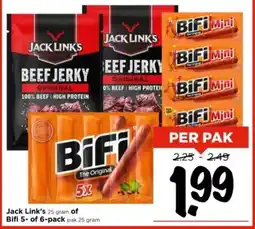 Vomar Voordeelmarkt Jack Link's 25 gram of Bifi 5- of 6-pack pak 25 gram aanbieding