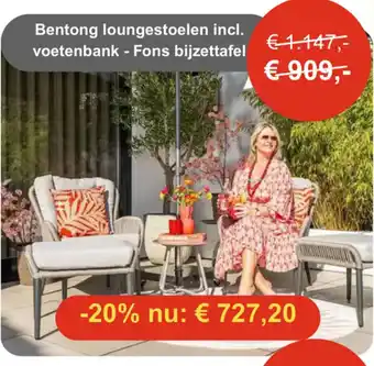 Tuinmeubelland Bentong loungestoelen incl. voetenbank Fons bijzettafel aanbieding