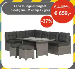 Tuinmeubelland Lapa lounge-diningset 5-delig incl. 2 krukjes - grijs aanbieding
