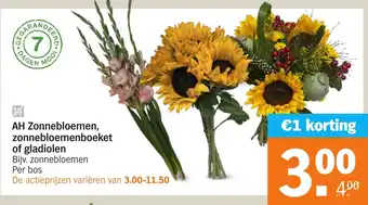 Albert Heijn AH Zonnebloemen, zonnebloemenboeket of gladiolen aanbieding