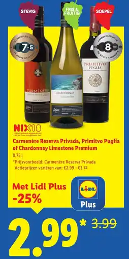 Lidl Carmenère Reserva Privada, Primitvo Puglia of Chardonnay Limestone Premium aanbieding