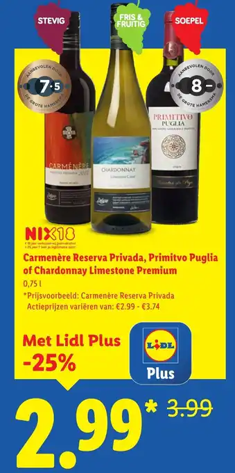 Lidl Carmenère Reserva Privada, Primitvo Puglia of Chardonnay Limestone Premium aanbieding