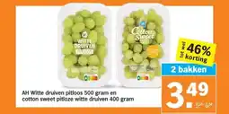Albert Heijn AH Witte druiven pitloos 500 gram en cotton sweet pitloze witte druiven 400 gram aanbieding