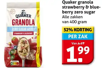 Hoogvliet Quaker granola strawberry & blueberry zero sugar aanbieding