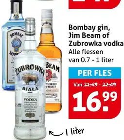 Hoogvliet Bombay gin, Jim Beam of Zubrowka vodka aanbieding
