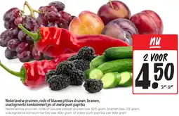Jumbo Nederlandse pruimen, rode of blauwe pitloze druiven, bramen, snackgroente komkommertjes of zoete punt paprika aanbieding