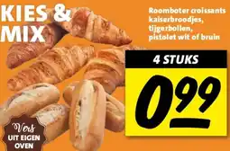 Nettorama Roomboter croissants kaiserbroodjes, tijgerbollen, pistolet wit of bruin aanbieding