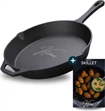 Bol.com Kitchenz - Gietijzeren Pan - Skillet - Gietijzeren Pan BBQ - 25CM - Incl. Receptenboek aanbieding