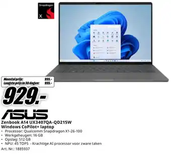 MediaMarkt ASUS Zenbook A14 UX3407QA-QD215W Windows CoPilot+ laptop aanbieding
