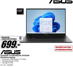 MediaMarkt ASUS Zenbook 14 UM3402YA-KP504W Windows laptop aanbieding