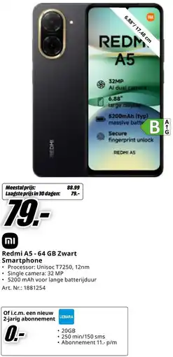 MediaMarkt Redmi A5 64 GB Zwart Smartphone aanbieding