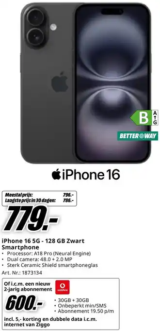 MediaMarkt iPhone 16 5G 128 GB Zwart Smartphone aanbieding