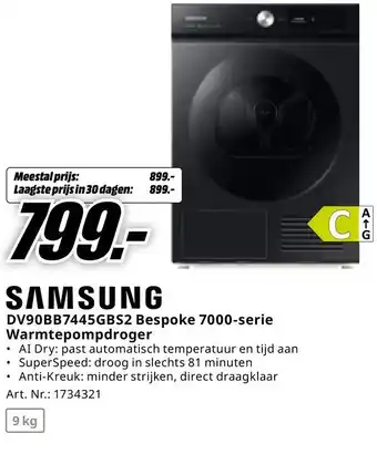 MediaMarkt SAMSUNG DV90BB7445GBS2 Bespoke 7000 serie Warmtepompdroger aanbieding
