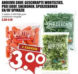MCD Supermarkt ANDIJVIE GROF, GESCHRAPTE WORTELTJES, PREI GROF, SNIJBONEN, SPERZIEBONEN EN/OF SPINAZIE aanbieding