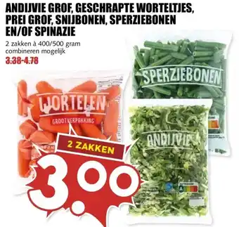 MCD Supermarkt ANDIJVIE GROF, GESCHRAPTE WORTELTJES, PREI GROF, SNIJBONEN, SPERZIEBONEN EN/OF SPINAZIE aanbieding