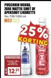 MCD Supermarkt PUSCHKIN VODKA, ZURE MATTIE SHOT OF APENSHOT LIKORETTE aanbieding