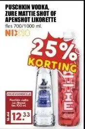 MCD Supermarkt PUSCHKIN VODKA, ZURE MATTIE SHOT OF APENSHOT LIKORETTE aanbieding