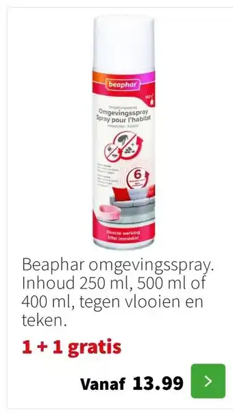 Intratuin Beaphar omgevingsspray. Inhoud 250 ml, 500 ml of 400 ml, tegen vlooien en teken. aanbieding