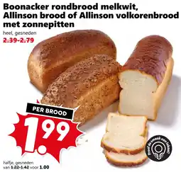 CoopCompact Boonacker rondbrood melkwit, Allinson brood of Allinson volkorenbrood met zonnepitten aanbieding