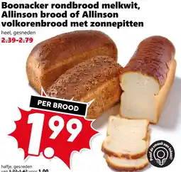 Coop Boonacker rondbrood melkwit, Allinson brood of Allinson volkorenbrood met zonnepitten aanbieding