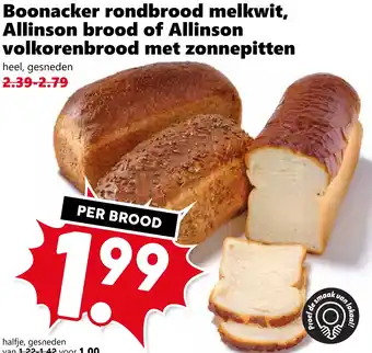 Coop Boonacker rondbrood melkwit, Allinson brood of Allinson volkorenbrood met zonnepitten aanbieding