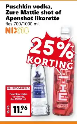 Coop Puschkin vodka, Zure Mattie shot of Apenshot likorette aanbieding