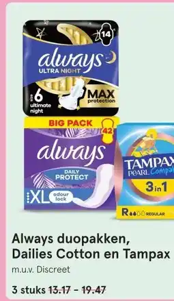Etos Always duopakken, Dailies Cotton en Tampax aanbieding