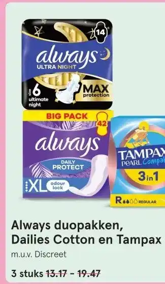 Etos Always duopakken, Dailies Cotton en Tampax aanbieding