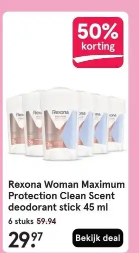 Etos Rexona Woman Maximum Protection Clean Scent deodorant stick 45 ml aanbieding