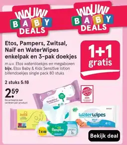 Etos Etos, Pampers, Zwitsal, Naïf en WaterWipes enkelpak en 3-pak doekjes aanbieding