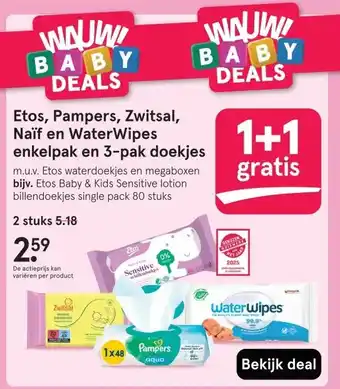 Etos Etos, Pampers, Zwitsal, Naïf en WaterWipes enkelpak en 3-pak doekjes aanbieding