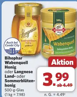 Combi Bihophar Wabenquell Honig oder Langnese Land- oder Sommerblüten- honig 500-g-Glas aanbieding