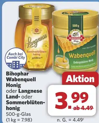 Combi Bihophar Wabenquell Honig oder Langnese Land- oder Sommerblüten- honig 500-g-Glas aanbieding