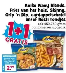 Boon`s Markt Aviko Wavy Blends, Friet van het huis. Skinny. Grip 'n Dip, aardappelschotel en/of Rösti rondjes aanbieding