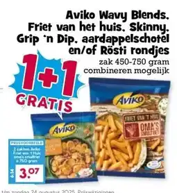 Boon`s Markt Aviko Wavy Blends. Friet van het huis. Skinny. Grip 'n Dip, aardappelschotel en/of Rösti rondjes aanbieding