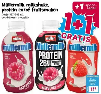 Boon`s Markt Müllermilk milkshake. protein en/of fruitsmaken aanbieding