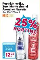 Boon`s Markt Puschkin vodka. Zure Mattie shot of Apenshot likorette aanbieding