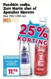 Boon`s Markt Puschkin vodka. Zure Mattie shot of Apenshot likorette aanbieding