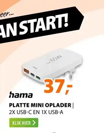 Expert Hama Snellader 2x USB-C 1x USB-A platte mini-oplader PD 65 W Wit aanbieding