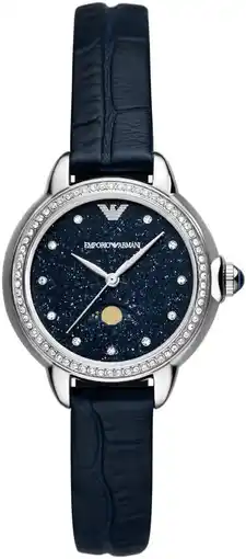 Amazon Emporio Armani Horloge voor dames, 32 mm Quartz maanfase uurwerk met roestvrij stalen of leren band aanbieding