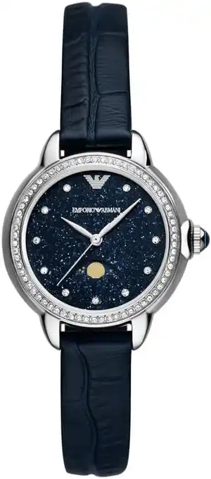 Amazon Emporio Armani Horloge voor dames, 32 mm Quartz maanfase uurwerk met roestvrij stalen of leren band aanbieding
