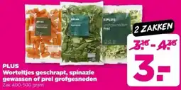PLUS PLUS Worteltjes geschrapt, spinazie gewassen of prei grofgesneden aanbieding