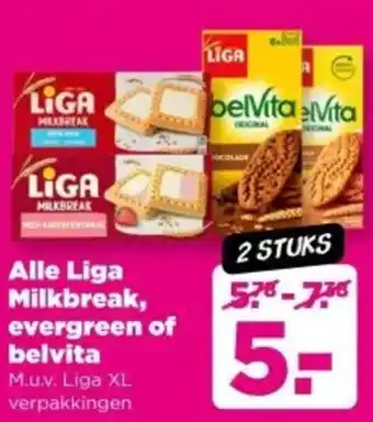 PLUS Alle Liga Milkbreak, evergreen of belvita aanbieding