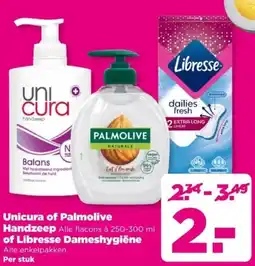 PLUS Unicura of Palmolive Handzeep of Libresse Dameshygiëne aanbieding