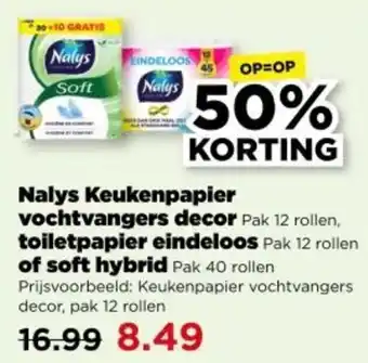 PLUS Nalys Keukenpapier vochtvangers decor, toiletpapier eindeloos of soft hybrid aanbieding
