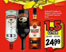 Vomar Voordeelmarkt Smirnoff Vodka of Bailey's Irish Cream of Bacardi Spiced Rum aanbieding
