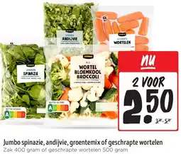 Jumbo Jumbo spinazie, andijvie, groentemix of geschrapte wortelen aanbieding